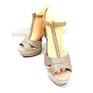 Jessica Simpson Womens Gold Glitter Platform 5.5" T-Strap Heels/Sandals Sz 9.5